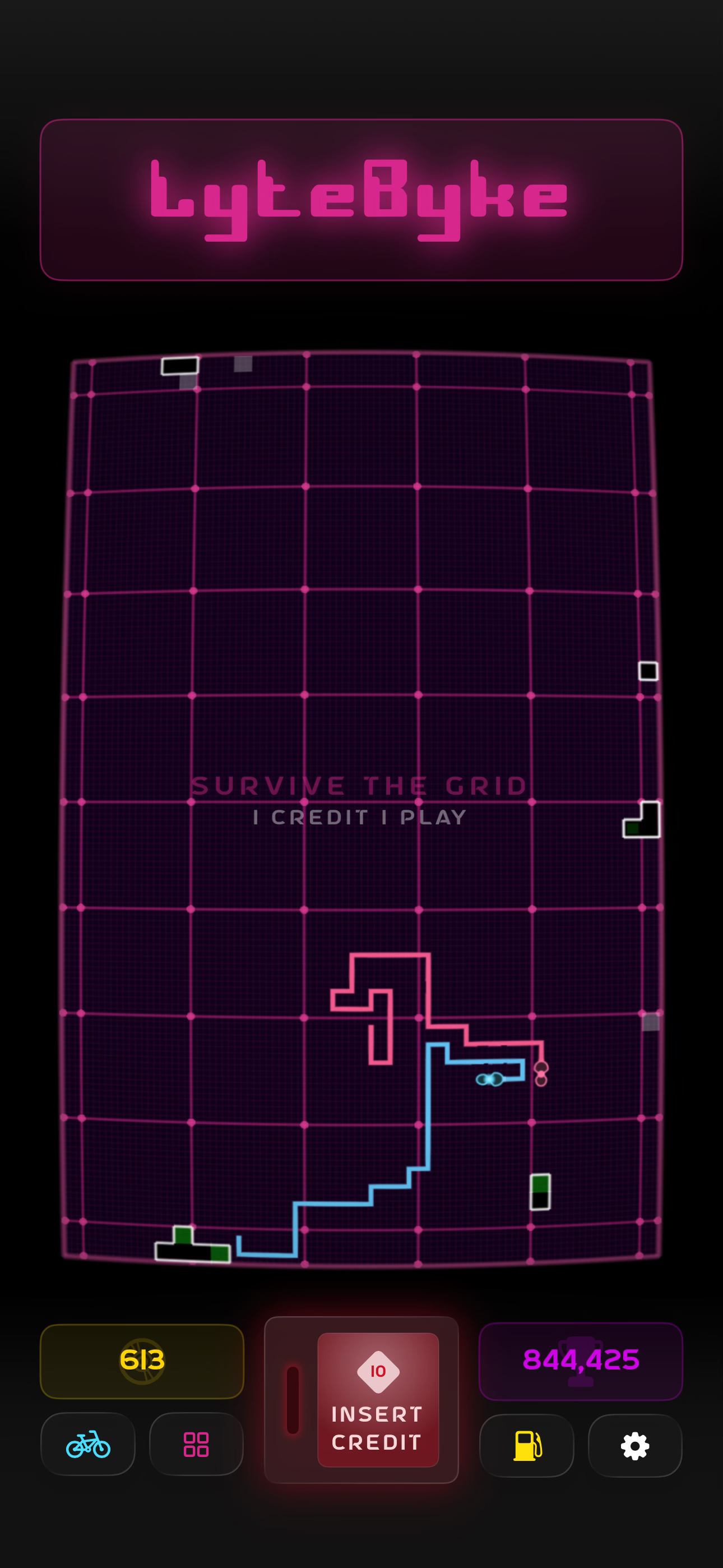 LyteByke gameplay showing neon light cycles battling on a grid