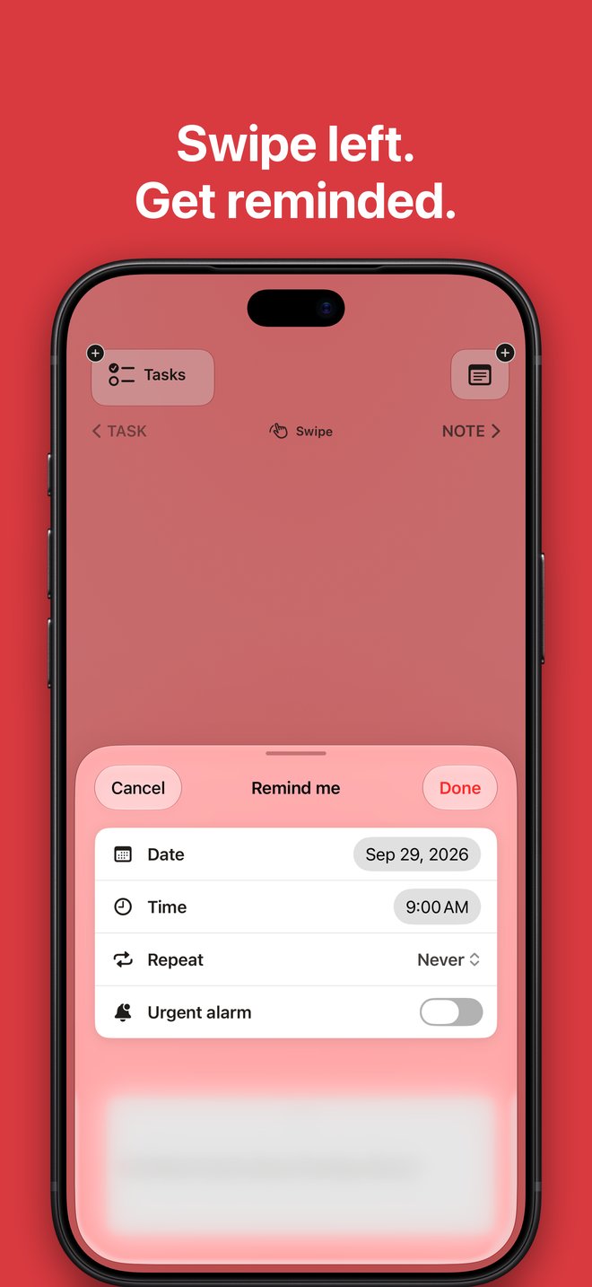 Swipe left. Get reminded. The Remind me sheet with a date, a time, repeat, and an urgent alarm.