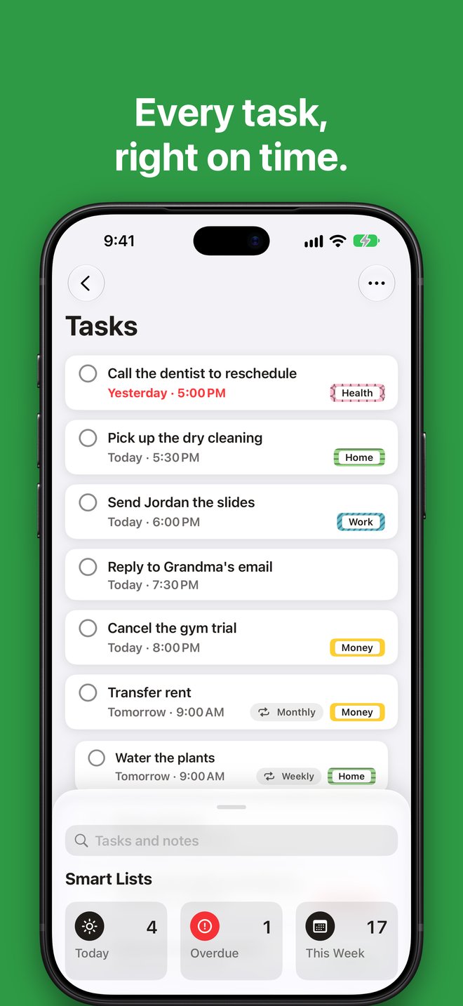 Every task, right on time. A list of tasks with due times and colored folders, and Today, Overdue and This Week smart lists.