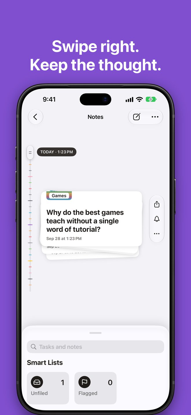 Swipe right. Keep the thought. A stack of note cards; the top one, filed in Games, asks why the best games teach without a word of tutorial.