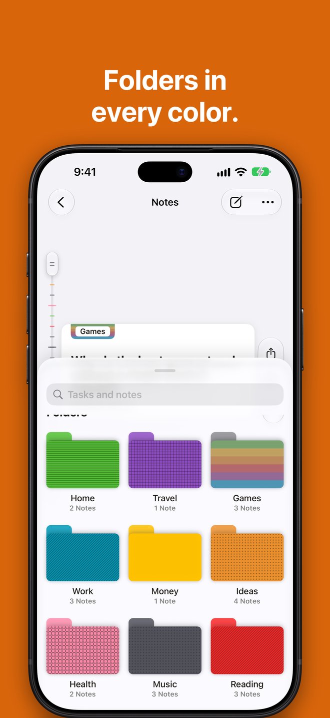 Folders in every color. Nine folders, from Home and Travel to Music and Reading, each in its own color and pattern.