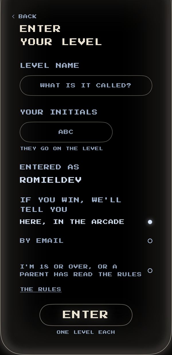 The ENTER panel: the level's name, three initials, and the ENTER button.
